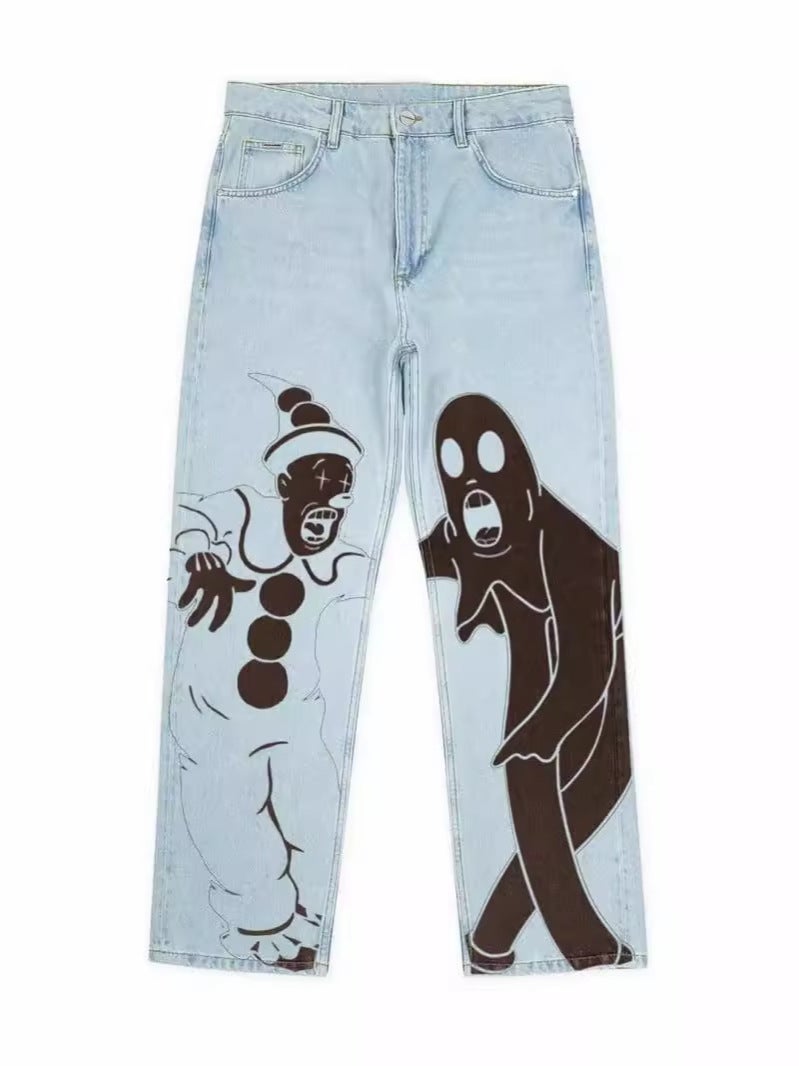 Y2K Street Wear Flame Skull Pattern Jeans High Street Couple 2024 Fashion Basketball Pants Clothing - Image 3